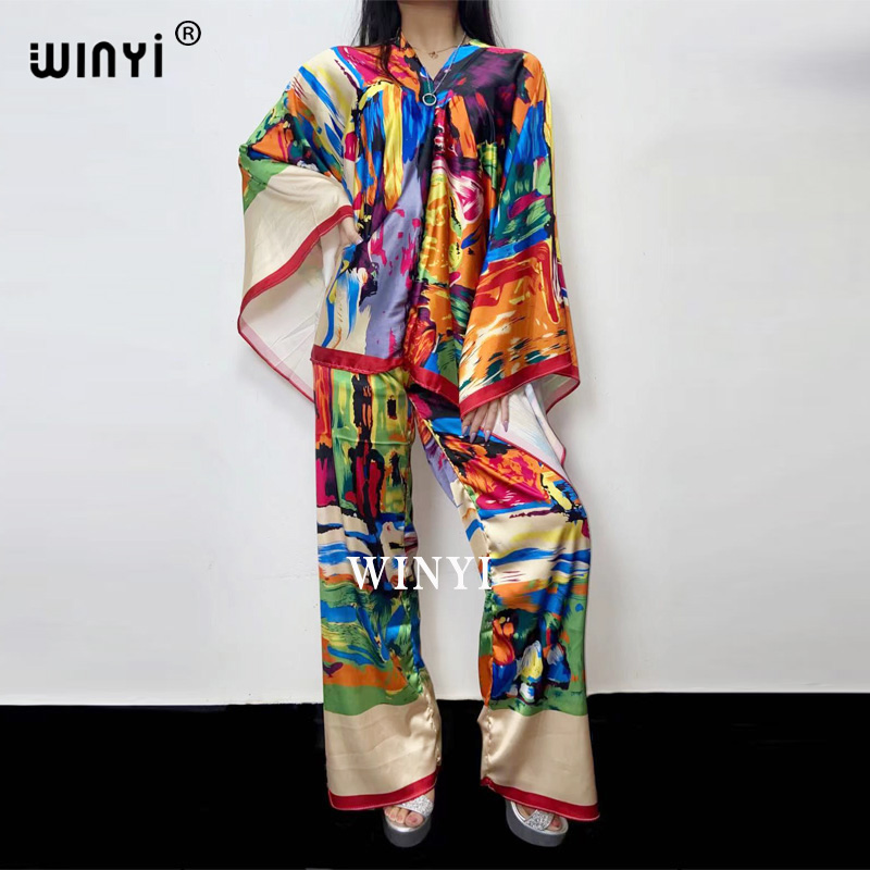 Women Fashion Over 50 - Winyi duas peças terno boêmio impresso