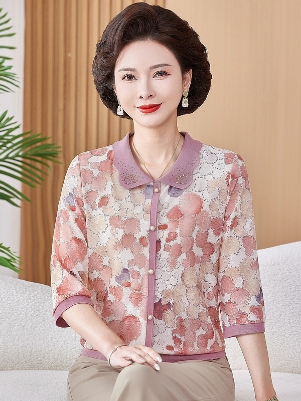 Women Fashion Over 50 - Camiseta de Malha Estampada Elástica de