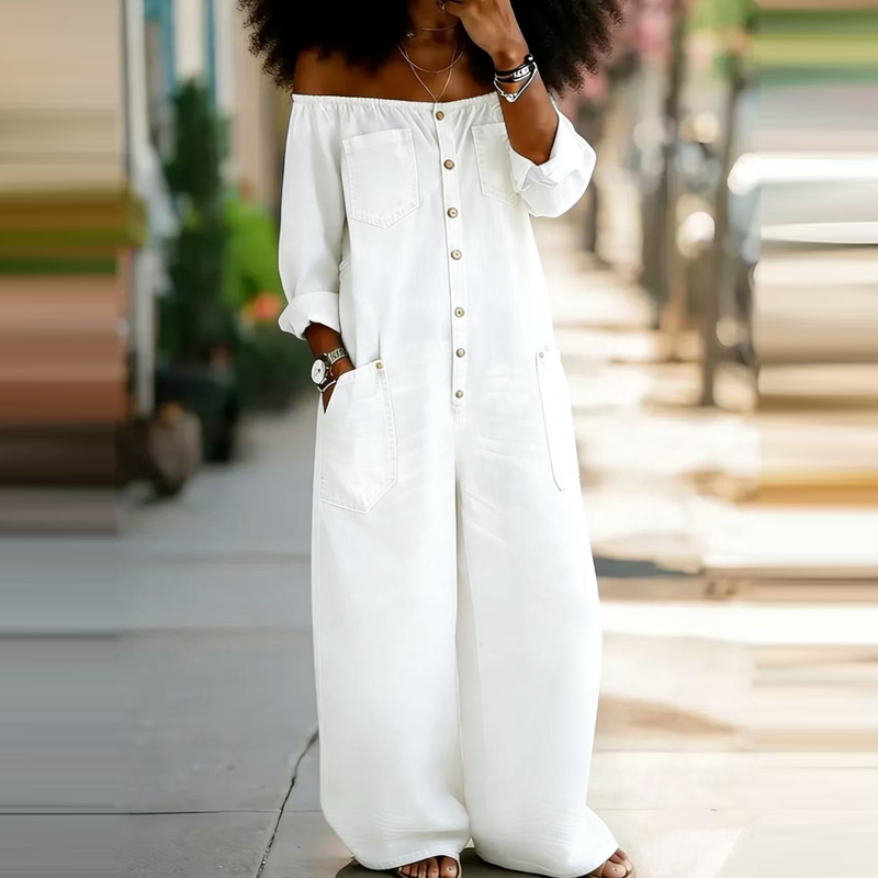 Women'S Fashion Vintage Off Shoulder Long Sleeve Jumpsuit - Macacão Jeans Feminino Elegante Ombro a