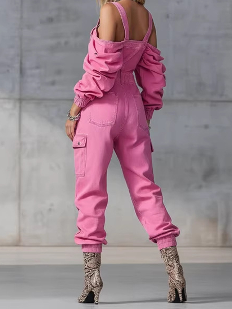 Macacão Jeans Vintage Feminino - Women'S Fashion Vintage Off Shoulder Long Sleeve Jumpsuit avaliação e preço