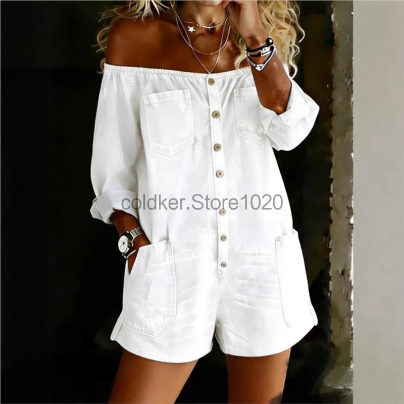 Novo Macacão Jeans Feminino Ca - Women'S Fashion Vintage Off Shoulder Long Sleeve Jumpsuit avaliação e preço